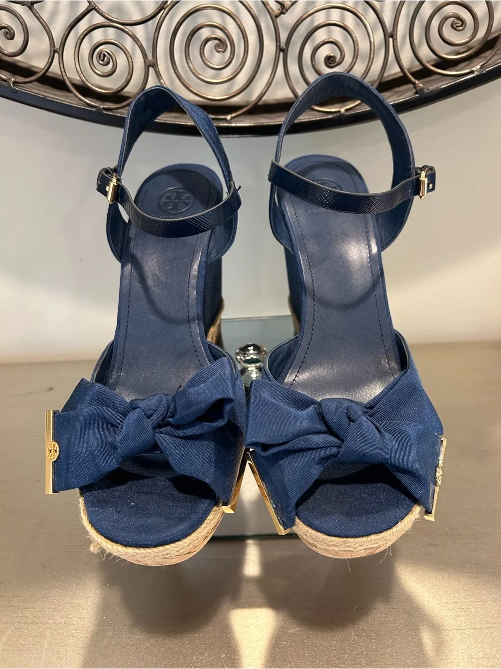 Tory Burch Navy Bow Espadrille Wedge Sandals